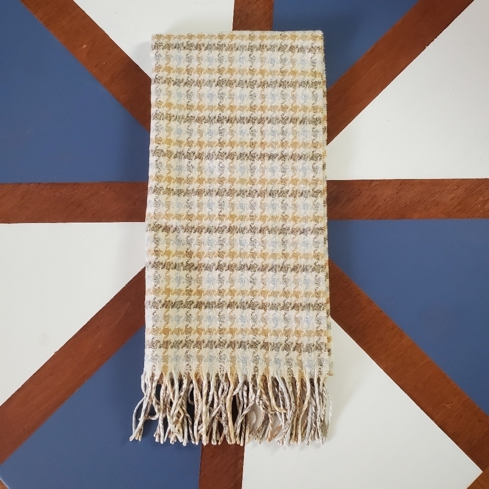 Cashmink Scarf Cream Tan Houndstooth Retro Fringe‎ Acrylic Germany 70s